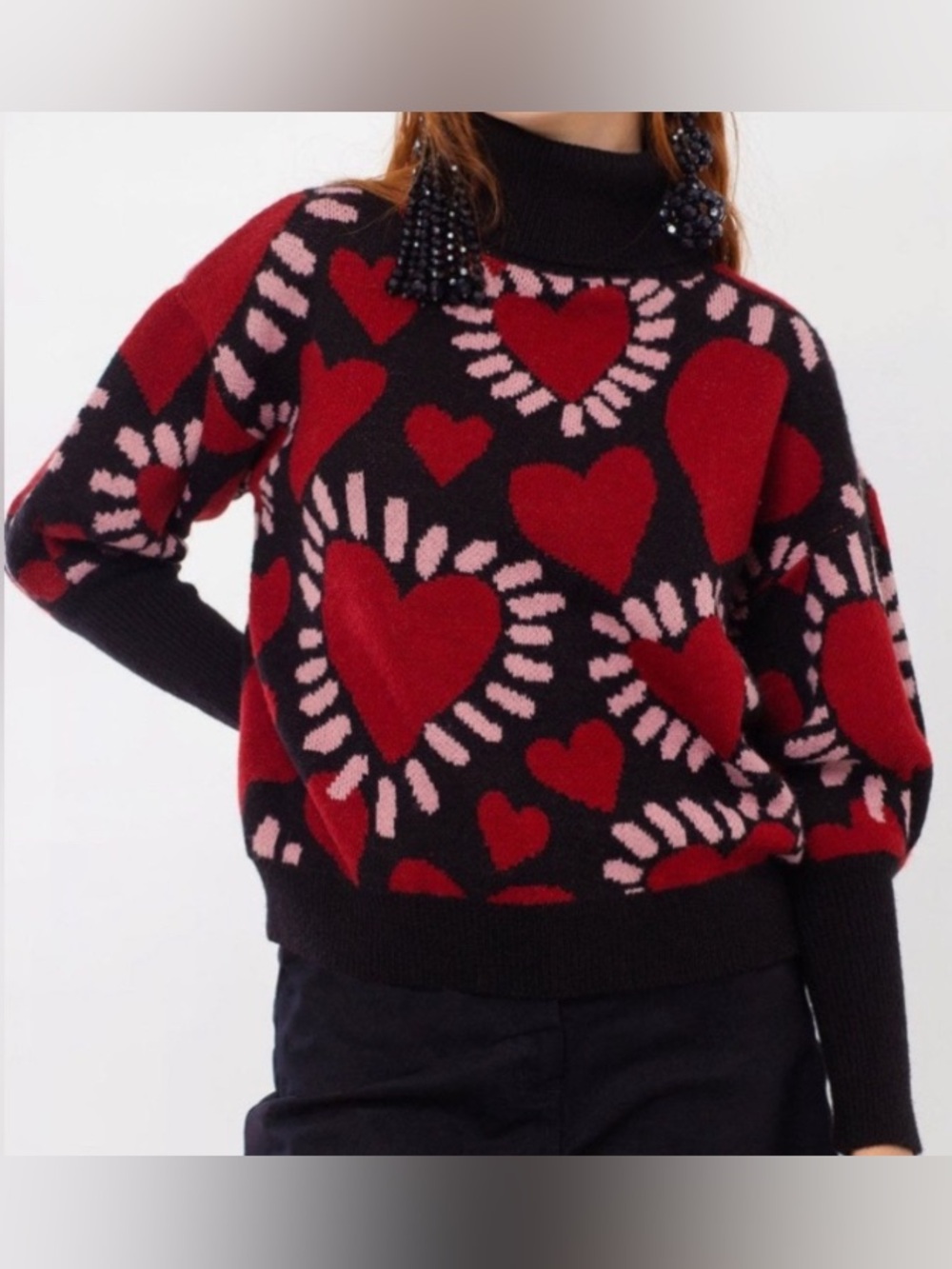 FARM Rio • Heart Jacquard• Turtleneck • Balloon Sleeve • Sweater • Small